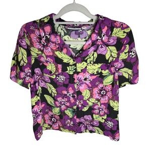 Maximalist Hawaiin Floral Print Short Sleeve Button Up Shirt Medium Altered Crop